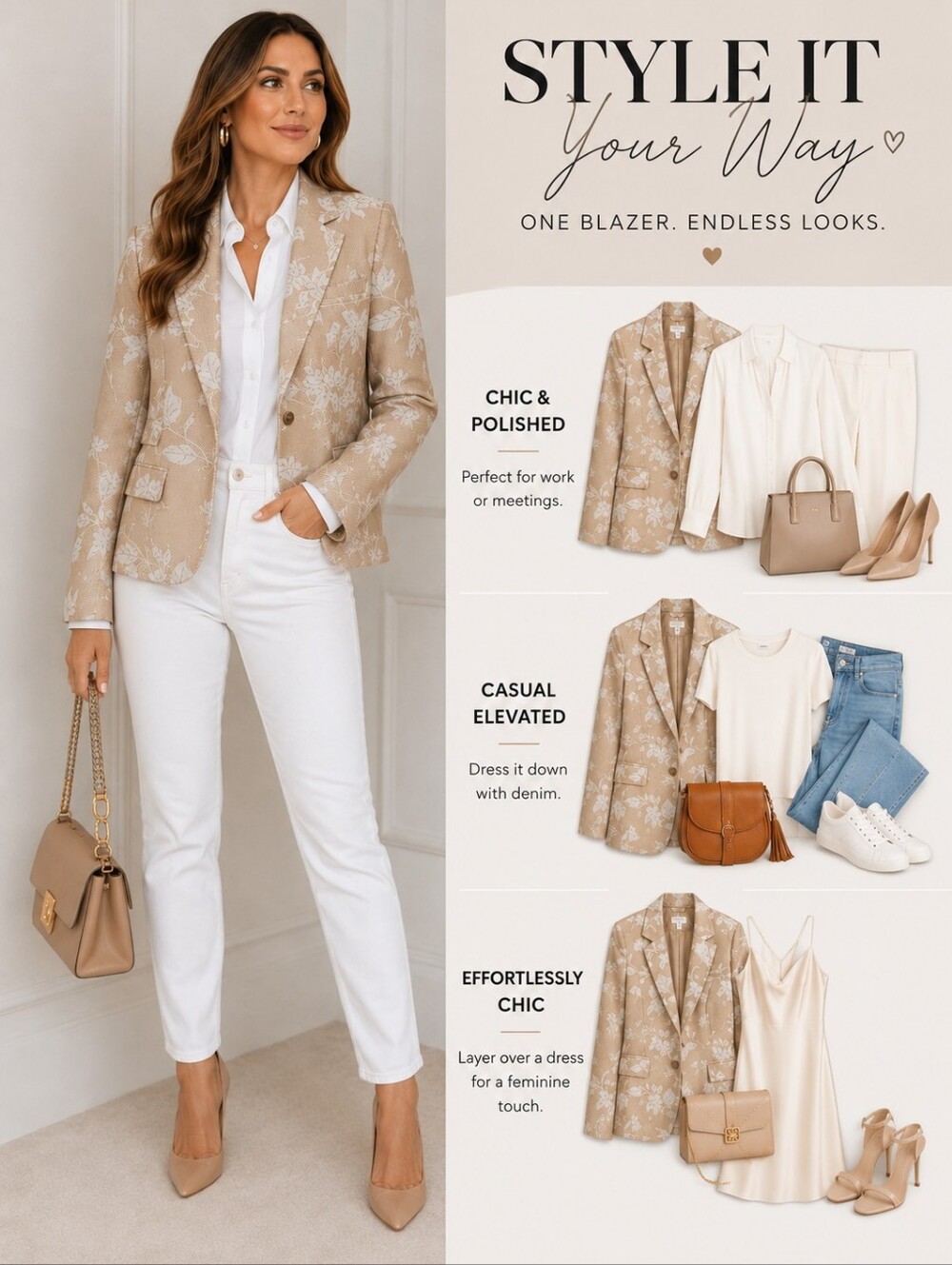 Karl Largerfeld Size 10 Floral Beige Tailored Blazer - Women Jackets & Coats